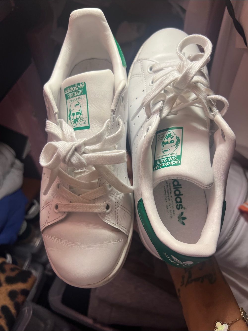 adidas Kids White Sneakers with Green Heel Tab and Tongue Logo